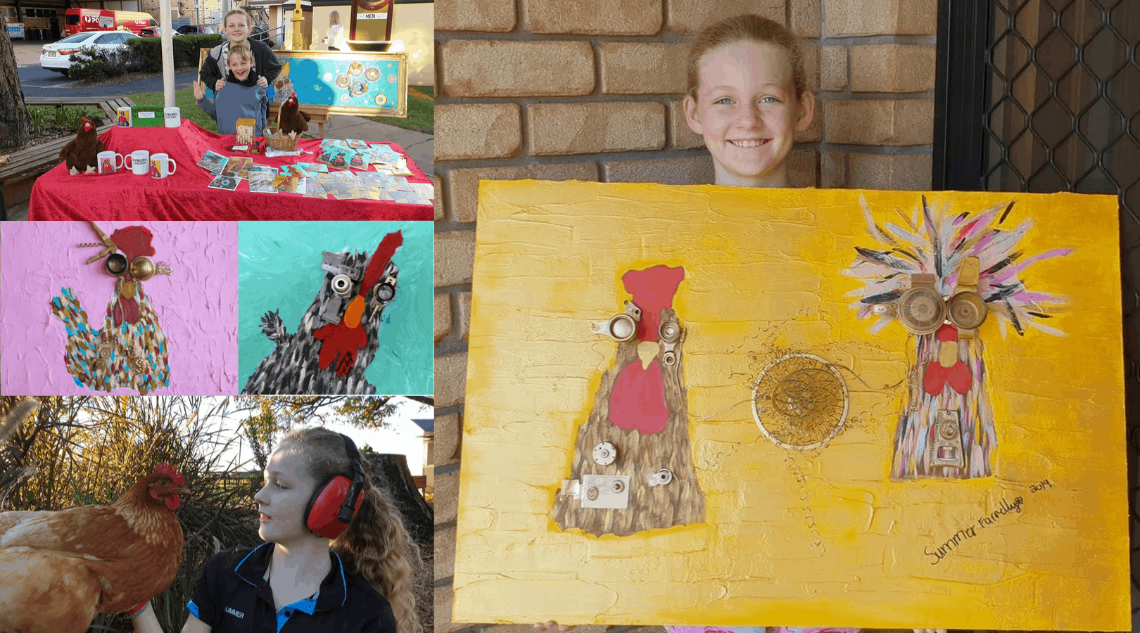 Collage of images featuring 12 year old artist Summer Farrelly and three of her artworks of cyborg chickens