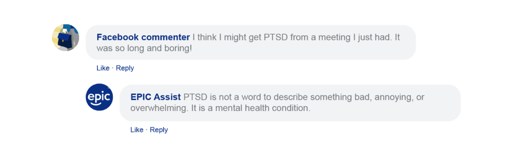 A Facebook comment that says: "I think I got PTSD from that meeting. It was so long and boring."
