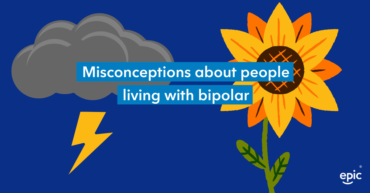A drawing of a storm cloud and a sunflower with the text over the top 'misconceptions about people living with bipolar'